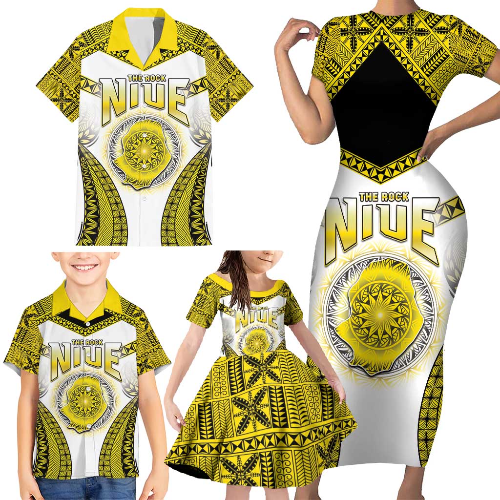 Personalised Niue The Rock Of Polynesia Family Matching Short Sleeve Bodycon Dress and Hawaiian Shirt Peniamina Gospel Day Yellow Version LT05 - Polynesian Pride