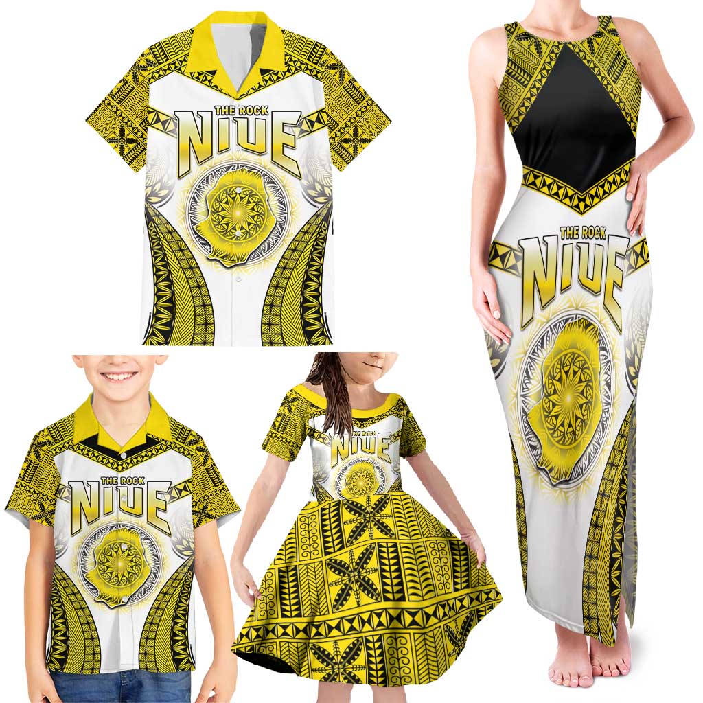 Personalised Niue The Rock Of Polynesia Family Matching Tank Maxi Dress and Hawaiian Shirt Peniamina Gospel Day Yellow Version LT05 - Polynesian Pride