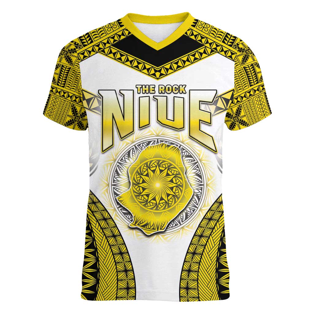Personalised Niue The Rock Of Polynesia Women V-Neck T-Shirt Peniamina Gospel Day Yellow Version LT05 Female Yellow - Polynesian Pride