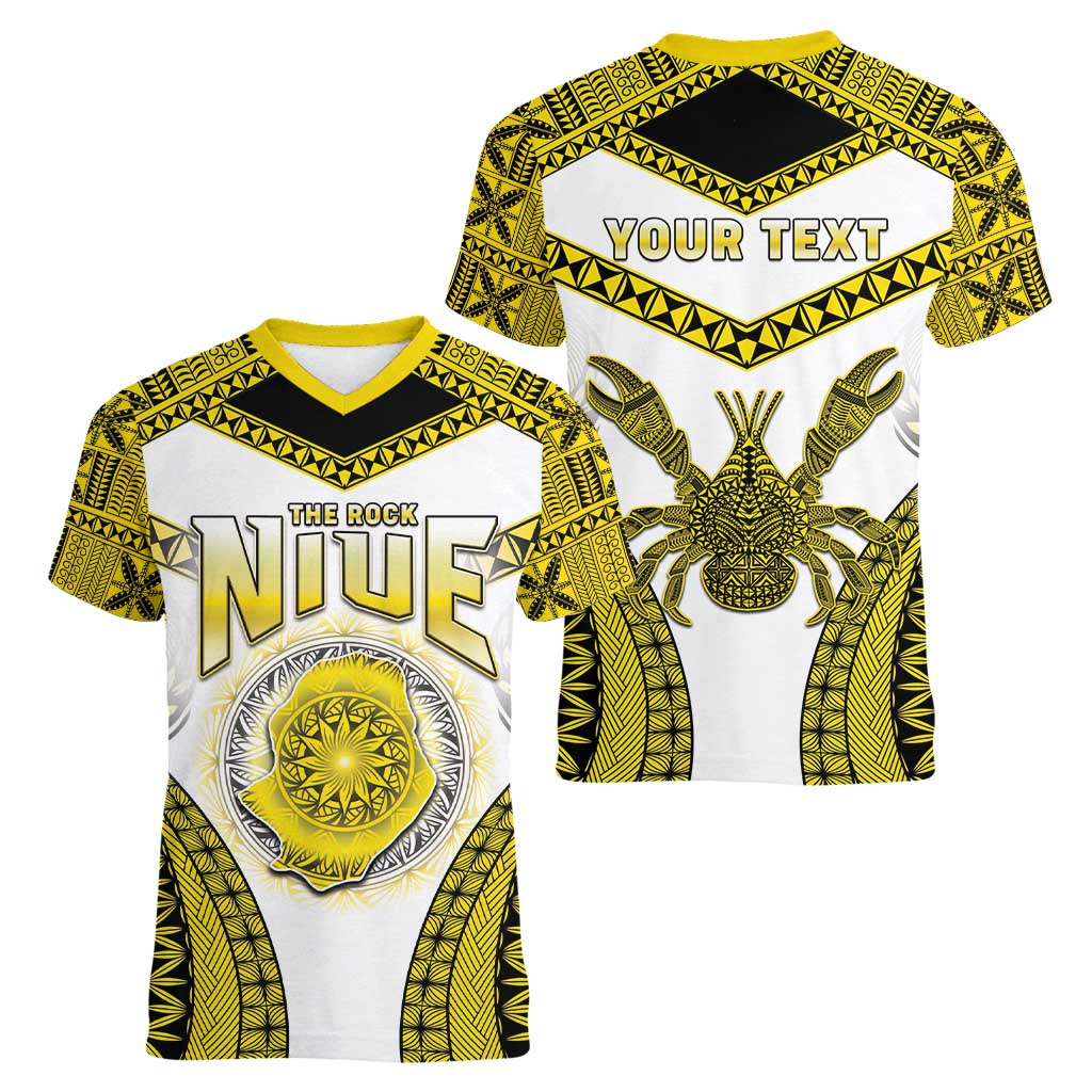 Personalised Niue The Rock Of Polynesia Women V-Neck T-Shirt Peniamina Gospel Day Yellow Version LT05 - Polynesian Pride