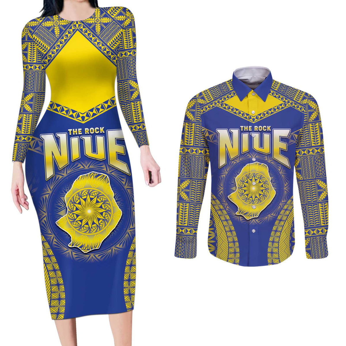 Personalised Niue The Rock Of Polynesia Couples Matching Long Sleeve Bodycon Dress and Long Sleeve Button Shirt Peniamina Gospel Day Blue Version LT05 Blue - Polynesian Pride