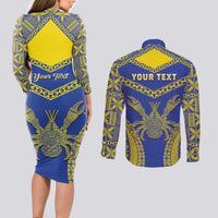 Personalised Niue The Rock Of Polynesia Couples Matching Long Sleeve Bodycon Dress and Long Sleeve Button Shirt Peniamina Gospel Day Blue Version LT05 - Polynesian Pride