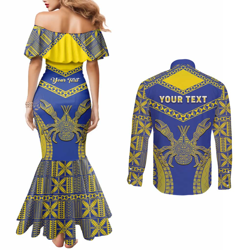 Personalised Niue The Rock Of Polynesia Couples Matching Mermaid Dress and Long Sleeve Button Shirt Peniamina Gospel Day Blue Version LT05 - Polynesian Pride