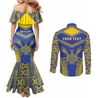 Personalised Niue The Rock Of Polynesia Couples Matching Mermaid Dress and Long Sleeve Button Shirt Peniamina Gospel Day Blue Version LT05 - Polynesian Pride