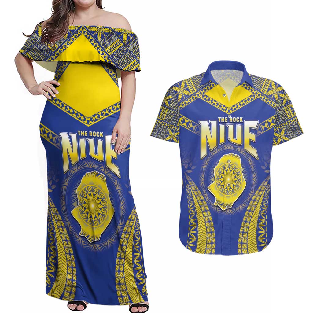 Personalised Niue The Rock Of Polynesia Couples Matching Off Shoulder Maxi Dress and Hawaiian Shirt Peniamina Gospel Day Blue Version LT05 Blue - Polynesian Pride