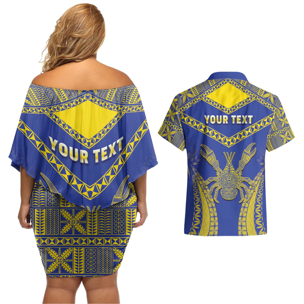 Personalised Niue The Rock Of Polynesia Couples Matching Off Shoulder Short Dress and Hawaiian Shirt Peniamina Gospel Day Blue Version LT05 - Polynesian Pride
