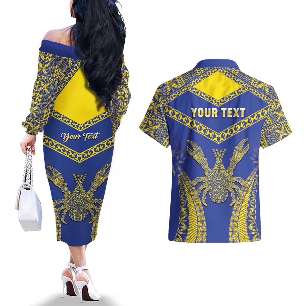 Personalised Niue The Rock Of Polynesia Couples Matching Off The Shoulder Long Sleeve Dress and Hawaiian Shirt Peniamina Gospel Day Blue Version LT05 - Polynesian Pride