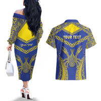 Personalised Niue The Rock Of Polynesia Couples Matching Off The Shoulder Long Sleeve Dress and Hawaiian Shirt Peniamina Gospel Day Blue Version LT05 - Polynesian Pride