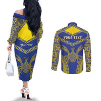 Personalised Niue The Rock Of Polynesia Couples Matching Off The Shoulder Long Sleeve Dress and Long Sleeve Button Shirt Peniamina Gospel Day Blue Version LT05 - Polynesian Pride