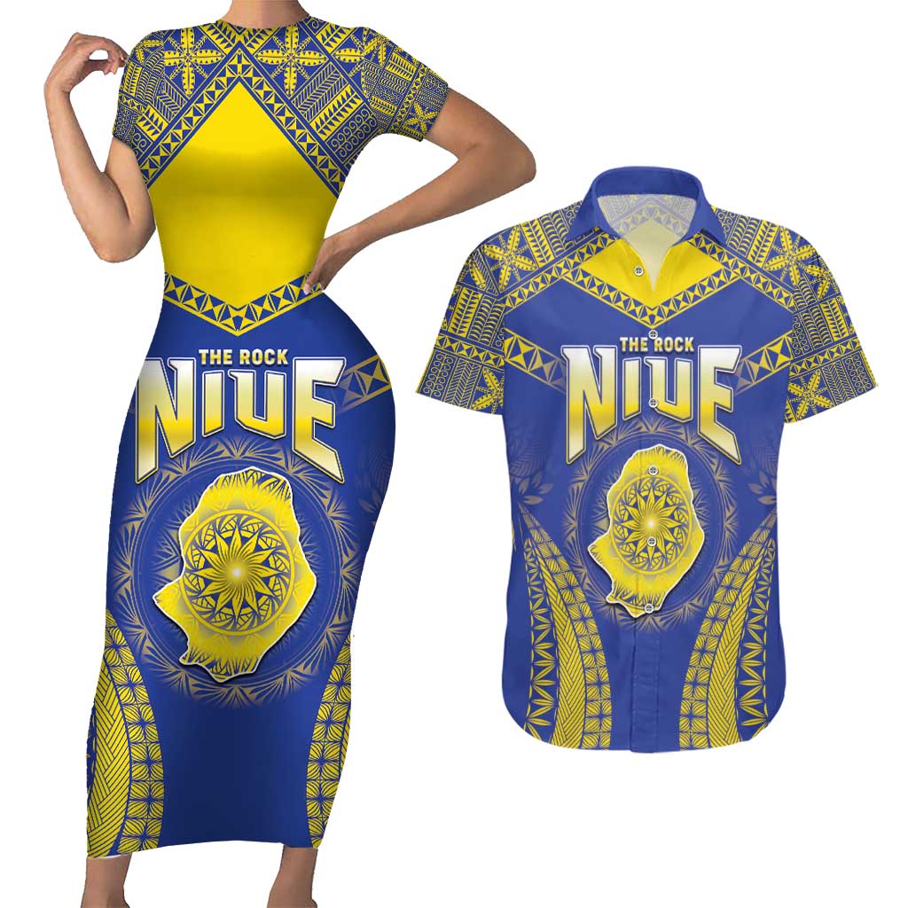 Personalised Niue The Rock Of Polynesia Couples Matching Short Sleeve Bodycon Dress and Hawaiian Shirt Peniamina Gospel Day Blue Version LT05 Blue - Polynesian Pride