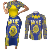 Personalised Niue The Rock Of Polynesia Couples Matching Short Sleeve Bodycon Dress and Long Sleeve Button Shirt Peniamina Gospel Day Blue Version LT05 Blue - Polynesian Pride