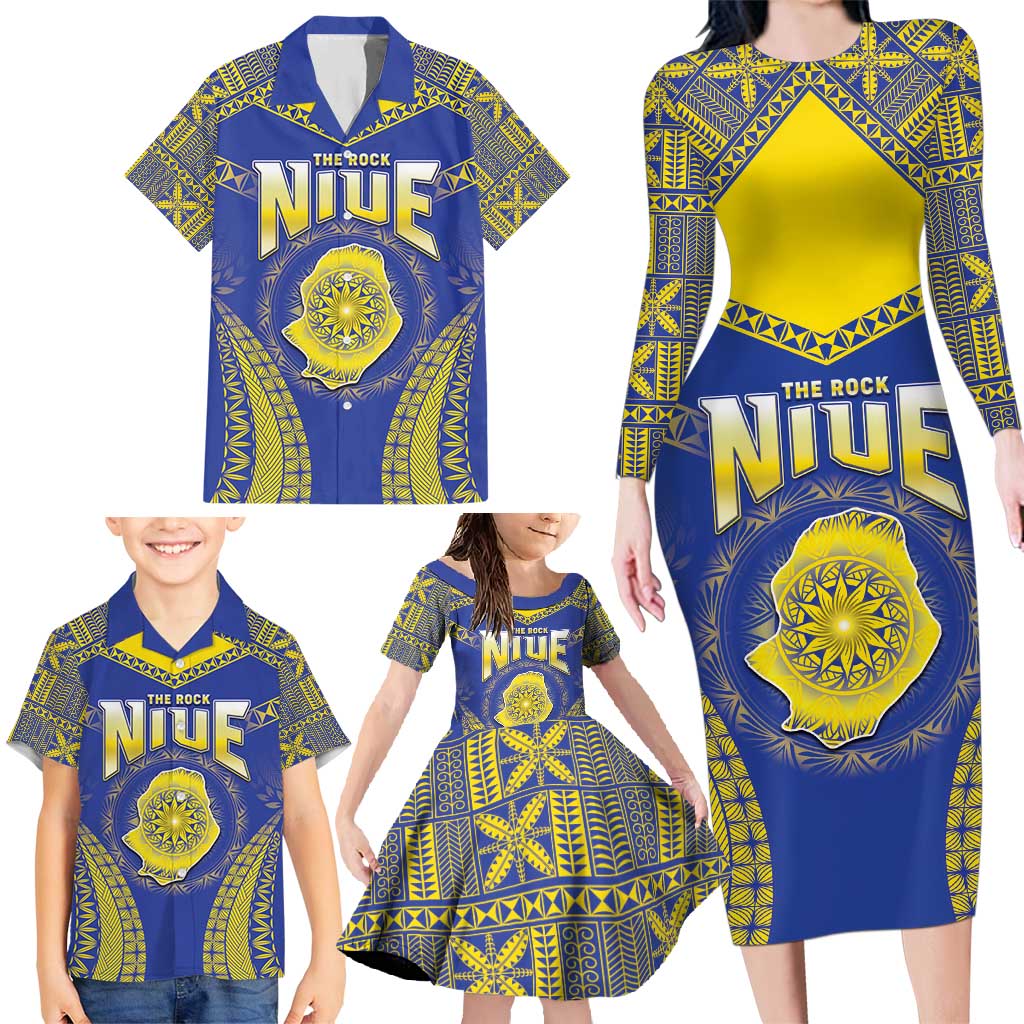 Personalised Niue The Rock Of Polynesia Family Matching Long Sleeve Bodycon Dress and Hawaiian Shirt Peniamina Gospel Day Blue Version LT05 - Polynesian Pride