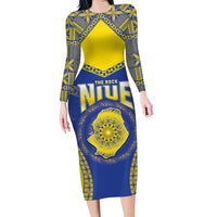 Personalised Niue The Rock Of Polynesia Family Matching Long Sleeve Bodycon Dress and Hawaiian Shirt Peniamina Gospel Day Blue Version LT05 Mom's Dress Blue - Polynesian Pride