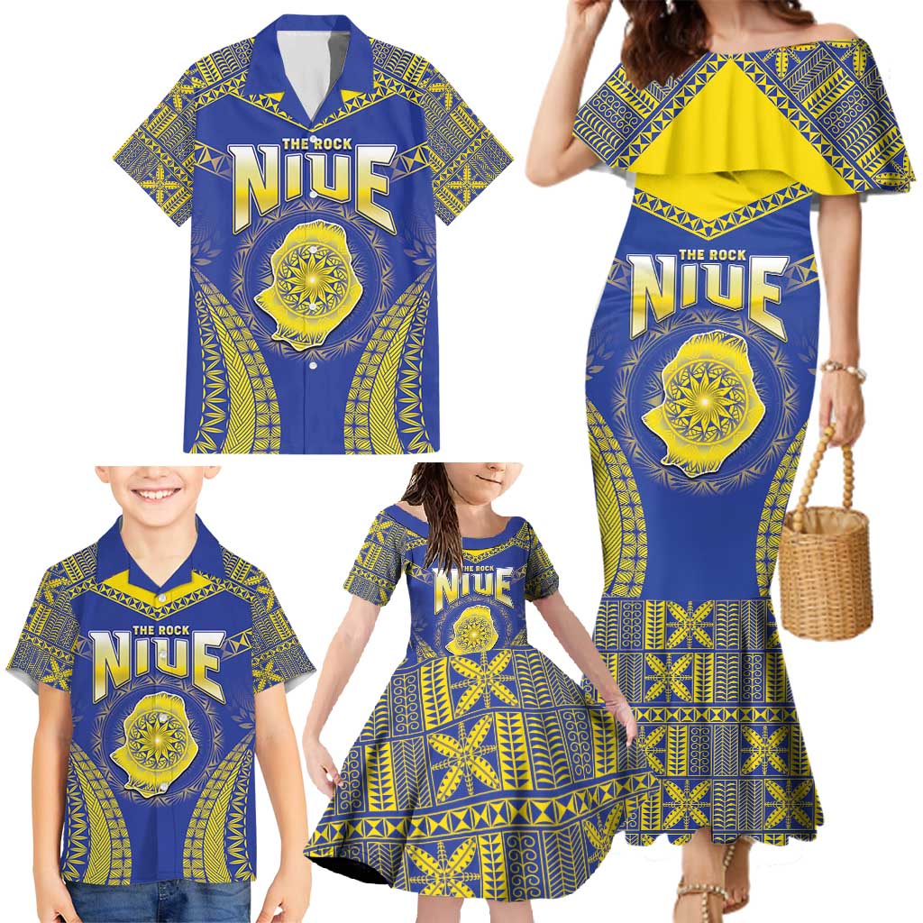 Personalised Niue The Rock Of Polynesia Family Matching Mermaid Dress and Hawaiian Shirt Peniamina Gospel Day Blue Version LT05 - Polynesian Pride