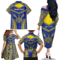 Personalised Niue The Rock Of Polynesia Family Matching Off The Shoulder Long Sleeve Dress and Hawaiian Shirt Peniamina Gospel Day Blue Version LT05 - Polynesian Pride