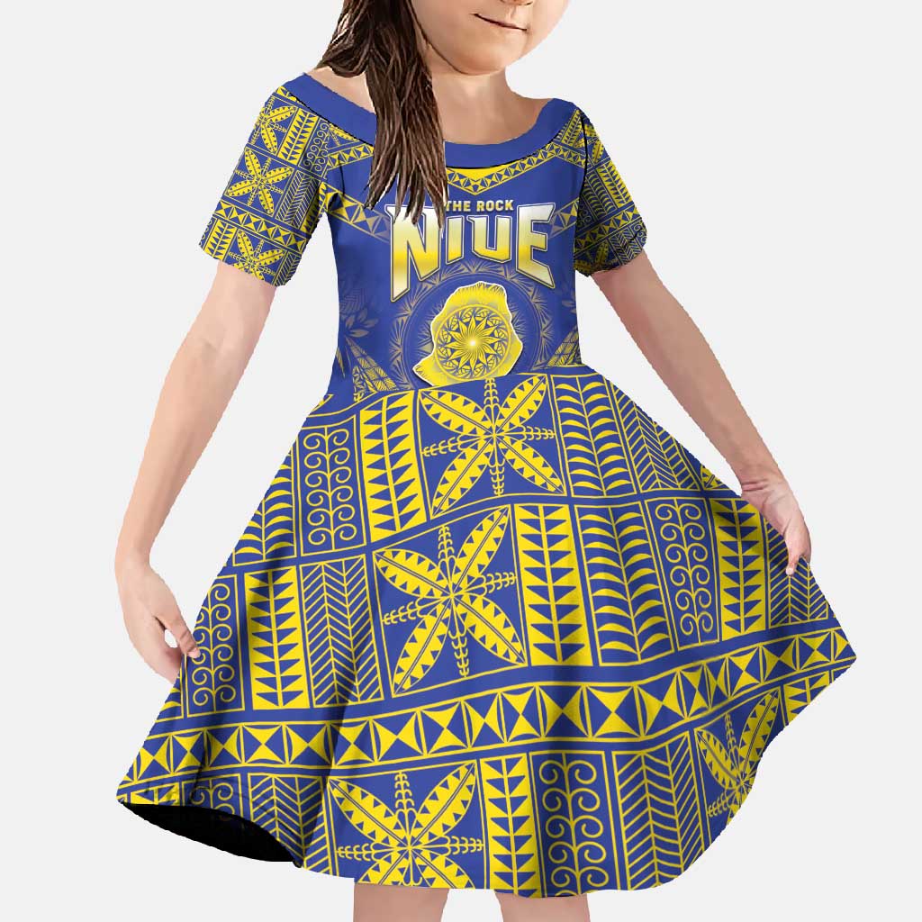 Personalised Niue The Rock Of Polynesia Family Matching Off Shoulder Maxi Dress and Hawaiian Shirt Peniamina Gospel Day Blue Version LT05 Daughter's Dress Blue - Polynesian Pride