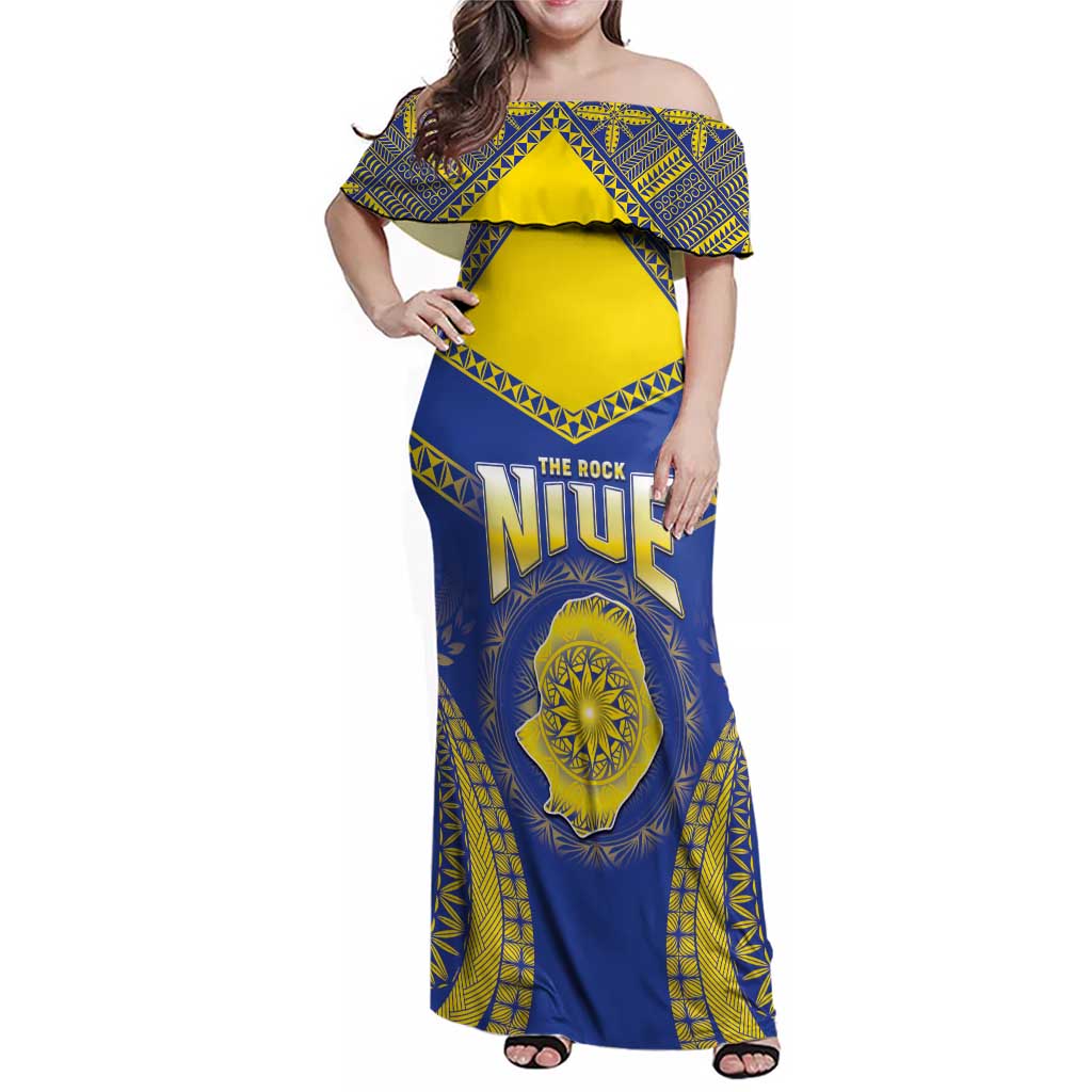 Personalised Niue The Rock Of Polynesia Family Matching Off Shoulder Maxi Dress and Hawaiian Shirt Peniamina Gospel Day Blue Version LT05 Mom's Dress Blue - Polynesian Pride