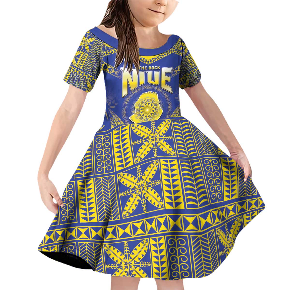 Personalised Niue The Rock Of Polynesia Family Matching Off Shoulder Short Dress and Hawaiian Shirt Peniamina Gospel Day Blue Version LT05 Daughter's Dress Blue - Polynesian Pride