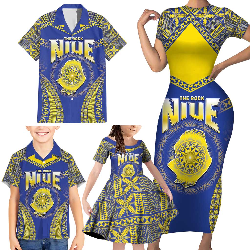 Personalised Niue The Rock Of Polynesia Family Matching Short Sleeve Bodycon Dress and Hawaiian Shirt Peniamina Gospel Day Blue Version LT05 - Polynesian Pride