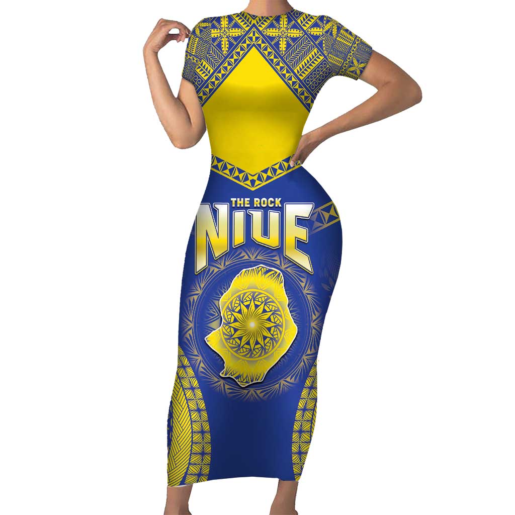 Personalised Niue The Rock Of Polynesia Family Matching Short Sleeve Bodycon Dress and Hawaiian Shirt Peniamina Gospel Day Blue Version LT05 Mom's Dress Blue - Polynesian Pride
