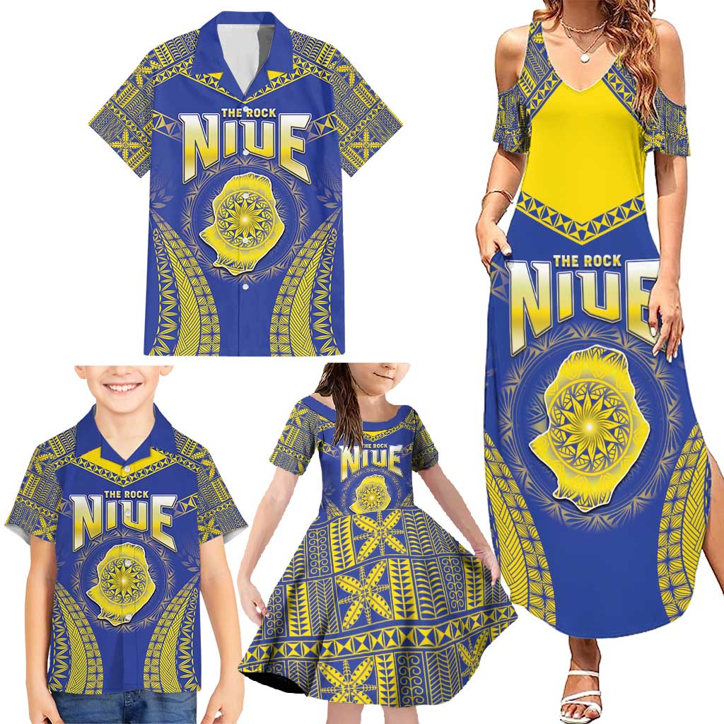 Personalised Niue The Rock Of Polynesia Family Matching Summer Maxi Dress and Hawaiian Shirt Peniamina Gospel Day Blue Version LT05 - Polynesian Pride