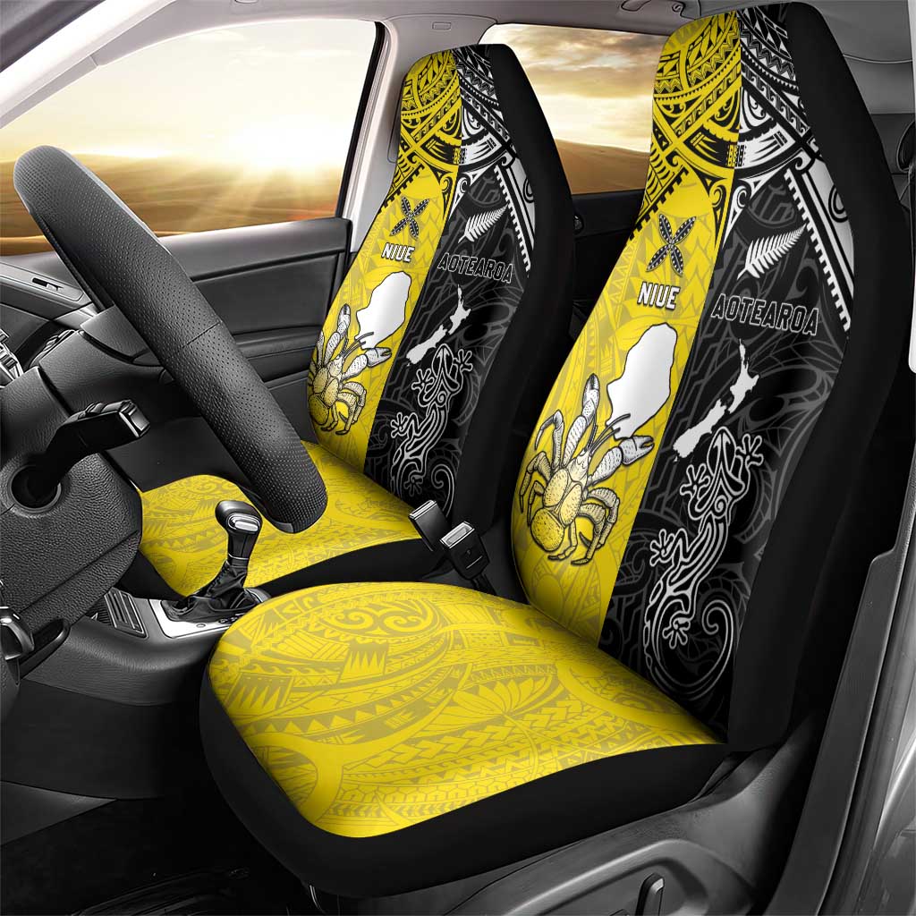 New Zealand Maori And Niue Hiapo Car Seat Cover Lizard And Coconut Crab Together LT05 - Polynesian Pride