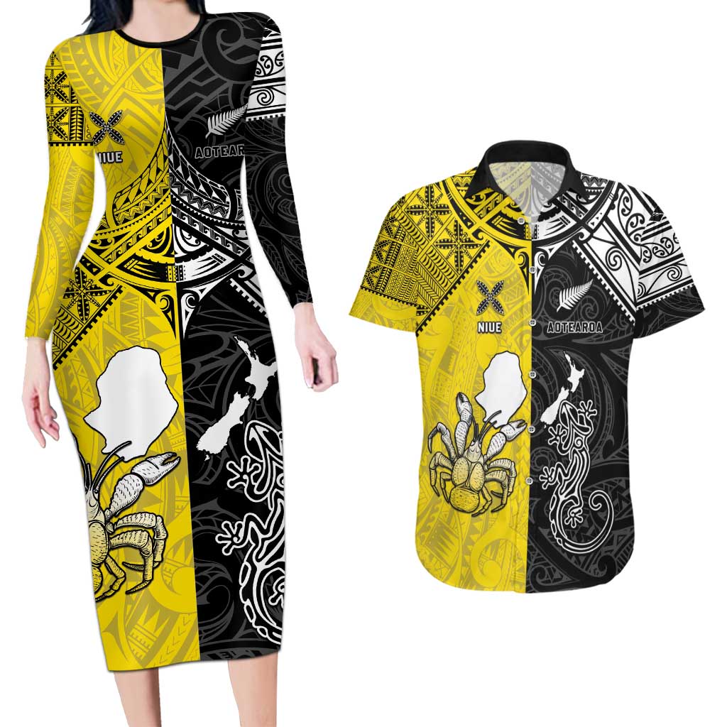 Custom New Zealand Maori And Niue Hiapo Couples Matching Long Sleeve Bodycon Dress and Hawaiian Shirt Lizard And Coconut Crab Together LT05 Yellow - Polynesian Pride