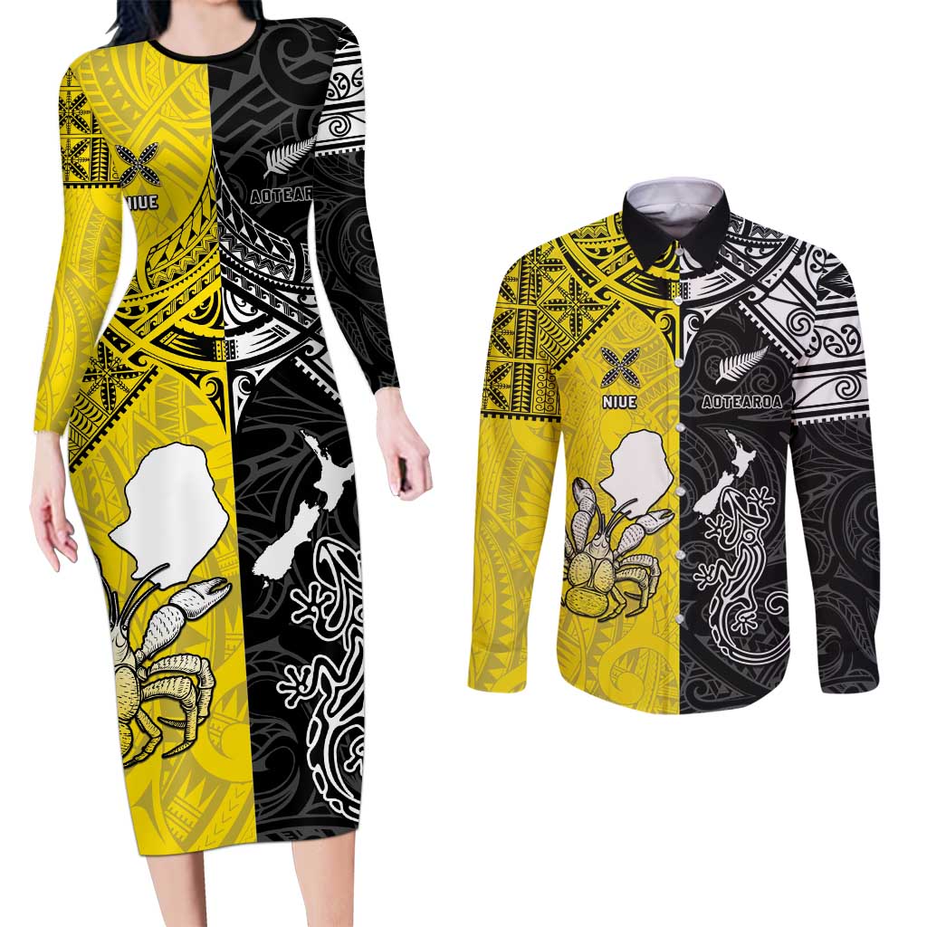 Custom New Zealand Maori And Niue Hiapo Couples Matching Long Sleeve Bodycon Dress and Long Sleeve Button Shirt Lizard And Coconut Crab Together LT05 Yellow - Polynesian Pride