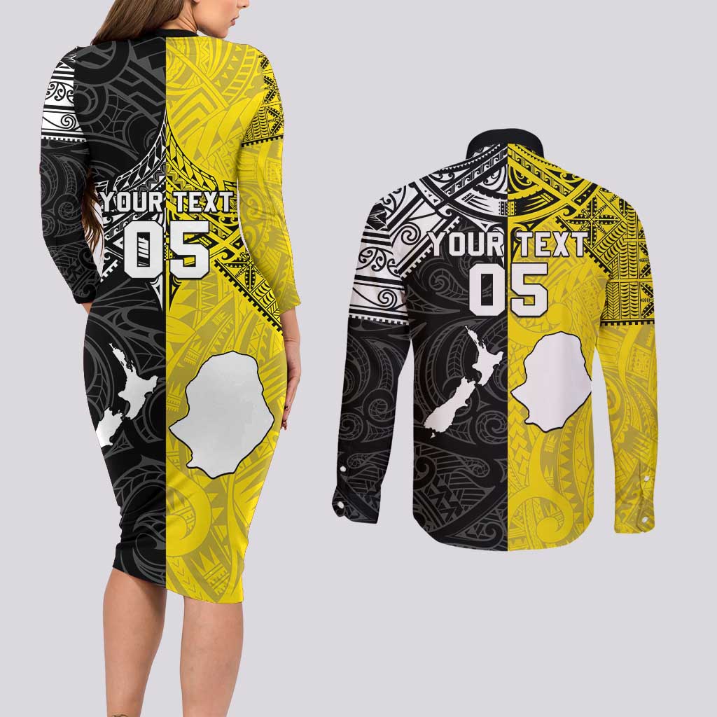 Custom New Zealand Maori And Niue Hiapo Couples Matching Long Sleeve Bodycon Dress and Long Sleeve Button Shirt Lizard And Coconut Crab Together LT05 - Polynesian Pride