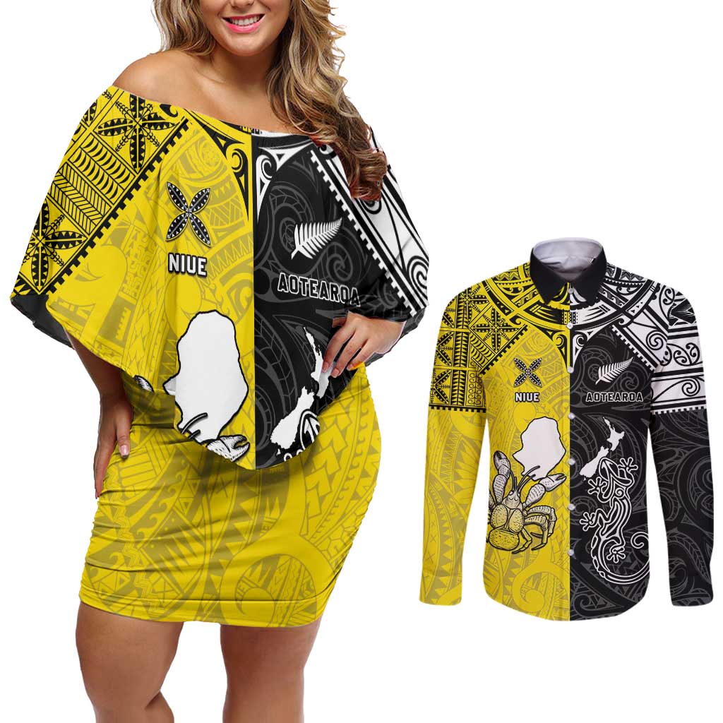 Custom New Zealand Maori And Niue Hiapo Couples Matching Off Shoulder Short Dress and Long Sleeve Button Shirt Lizard And Coconut Crab Together LT05 Yellow - Polynesian Pride