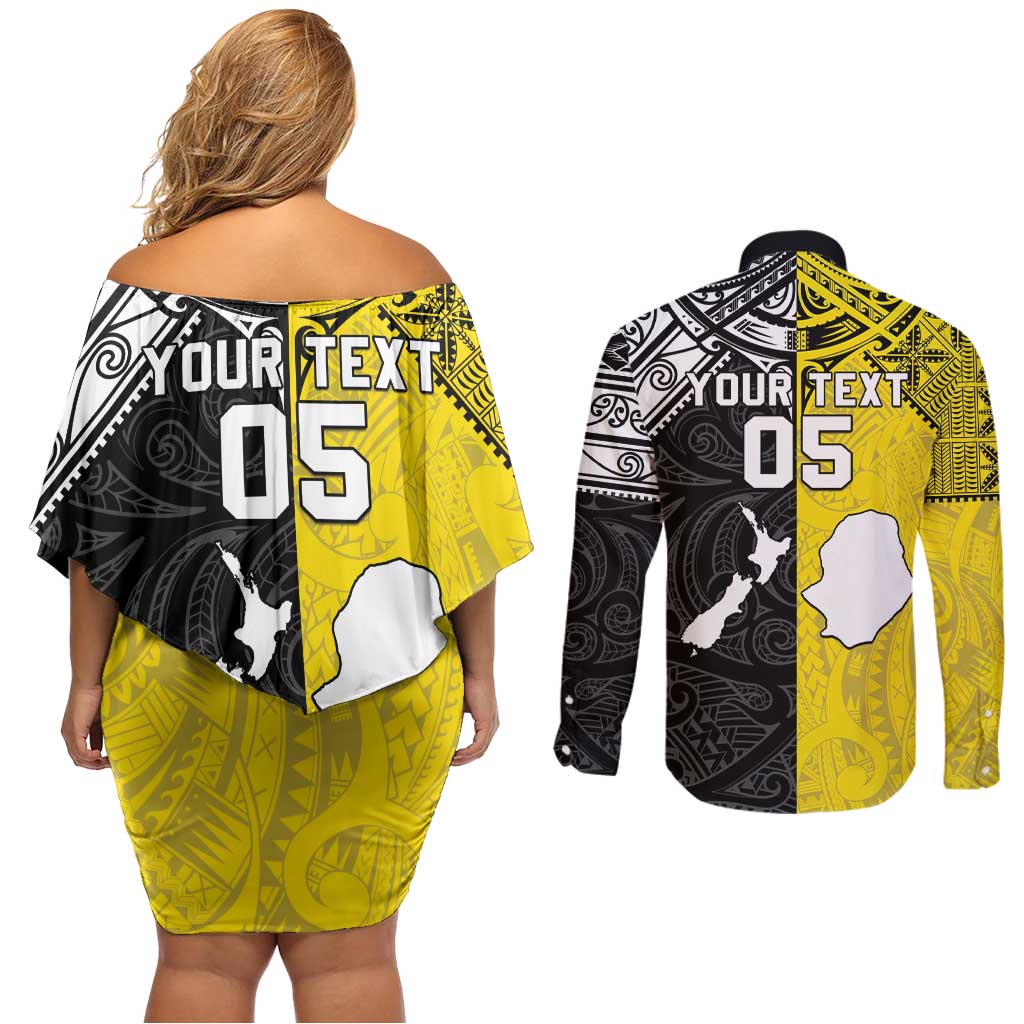 Custom New Zealand Maori And Niue Hiapo Couples Matching Off Shoulder Short Dress and Long Sleeve Button Shirt Lizard And Coconut Crab Together LT05 - Polynesian Pride