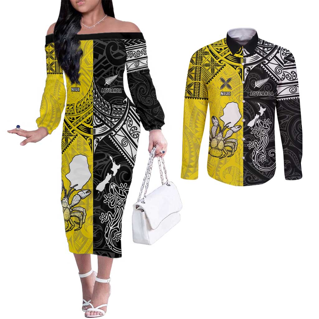 Custom New Zealand Maori And Niue Hiapo Couples Matching Off The Shoulder Long Sleeve Dress and Long Sleeve Button Shirt Lizard And Coconut Crab Together LT05 Yellow - Polynesian Pride