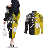 Custom New Zealand Maori And Niue Hiapo Couples Matching Off The Shoulder Long Sleeve Dress and Long Sleeve Button Shirt Lizard And Coconut Crab Together LT05 - Polynesian Pride