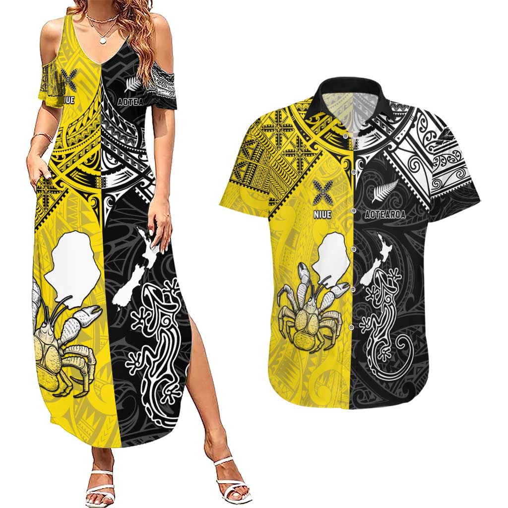 Custom New Zealand Maori And Niue Hiapo Couples Matching Summer Maxi Dress and Hawaiian Shirt Lizard And Coconut Crab Together LT05 Yellow - Polynesian Pride