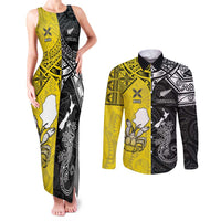 Custom New Zealand Maori And Niue Hiapo Couples Matching Tank Maxi Dress and Long Sleeve Button Shirt Lizard And Coconut Crab Together LT05 Yellow - Polynesian Pride