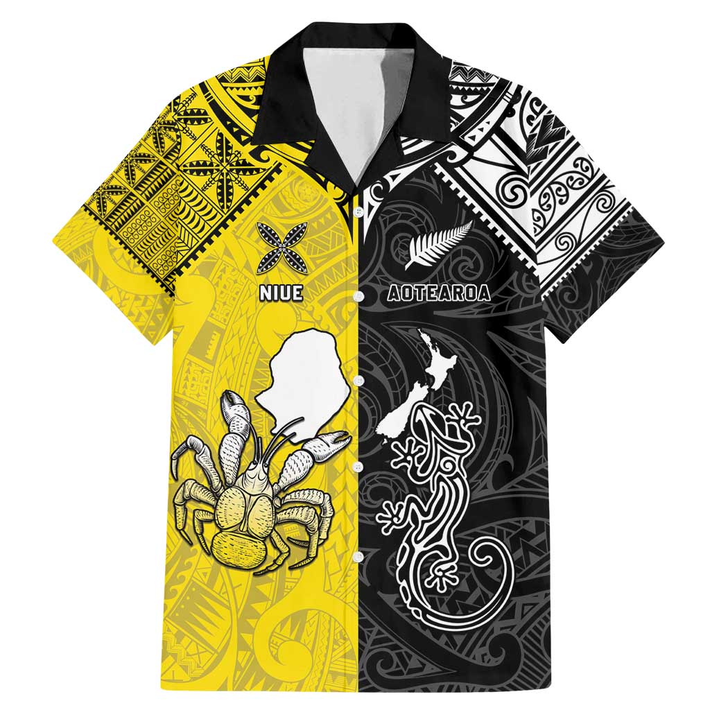 Custom New Zealand Maori And Niue Hiapo Family Matching Mermaid Dress and Hawaiian Shirt Lizard And Coconut Crab Together LT05 Dad's Shirt - Short Sleeve Yellow - Polynesian Pride