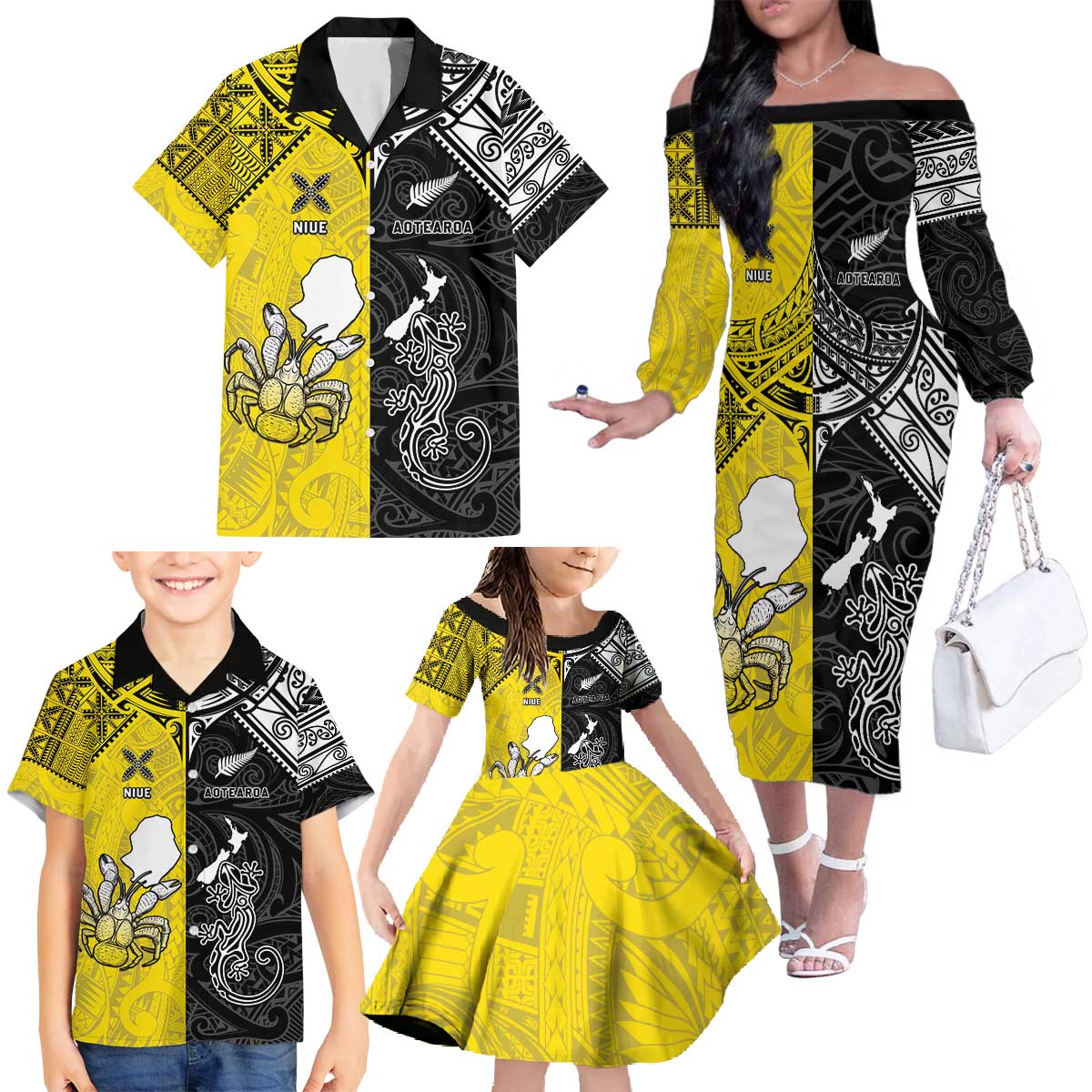 Custom New Zealand Maori And Niue Hiapo Family Matching Off The Shoulder Long Sleeve Dress and Hawaiian Shirt Lizard And Coconut Crab Together LT05 - Polynesian Pride