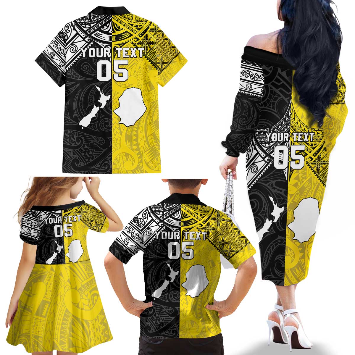 Custom New Zealand Maori And Niue Hiapo Family Matching Off The Shoulder Long Sleeve Dress and Hawaiian Shirt Lizard And Coconut Crab Together LT05 - Polynesian Pride