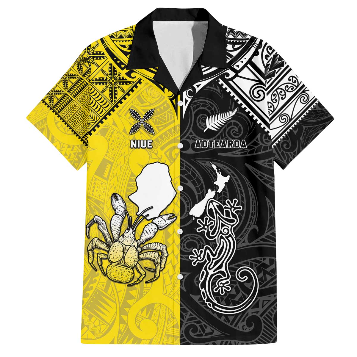 Custom New Zealand Maori And Niue Hiapo Family Matching Off The Shoulder Long Sleeve Dress and Hawaiian Shirt Lizard And Coconut Crab Together LT05 Dad's Shirt - Short Sleeve Yellow - Polynesian Pride