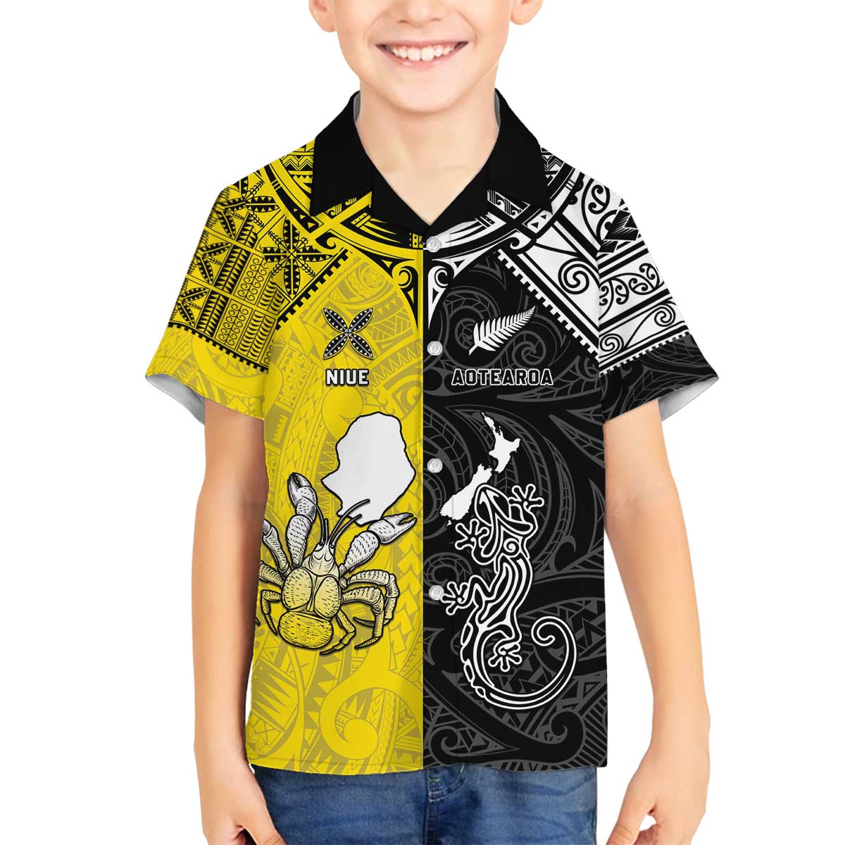 Custom New Zealand Maori And Niue Hiapo Family Matching Off The Shoulder Long Sleeve Dress and Hawaiian Shirt Lizard And Coconut Crab Together LT05 Son's Shirt Yellow - Polynesian Pride
