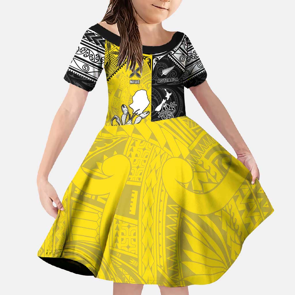 Custom New Zealand Maori And Niue Hiapo Family Matching Off Shoulder Maxi Dress and Hawaiian Shirt Lizard And Coconut Crab Together LT05 Daughter's Dress Yellow - Polynesian Pride