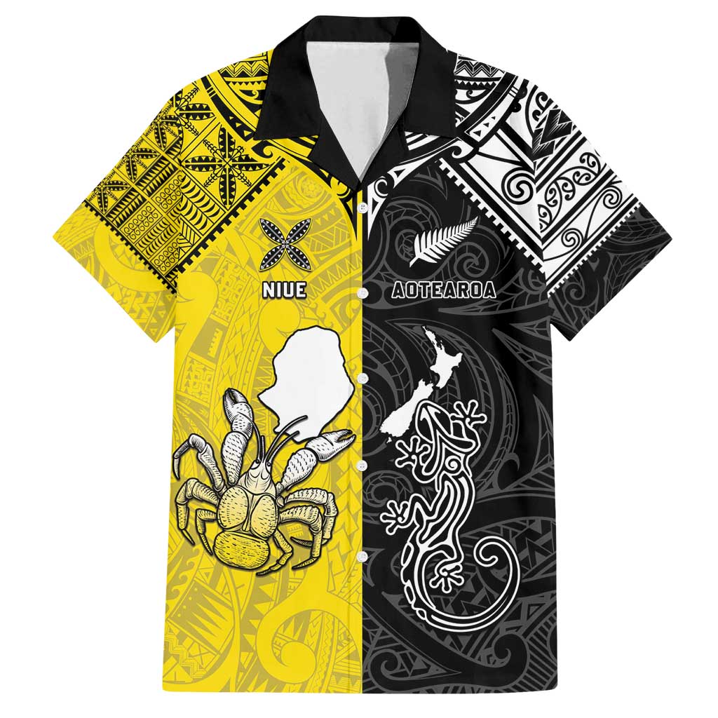 Custom New Zealand Maori And Niue Hiapo Family Matching Off Shoulder Maxi Dress and Hawaiian Shirt Lizard And Coconut Crab Together LT05 Dad's Shirt - Short Sleeve Yellow - Polynesian Pride
