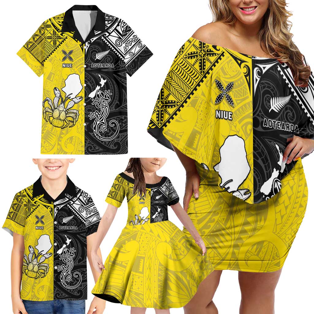Custom New Zealand Maori And Niue Hiapo Family Matching Off Shoulder Short Dress and Hawaiian Shirt Lizard And Coconut Crab Together LT05 - Polynesian Pride