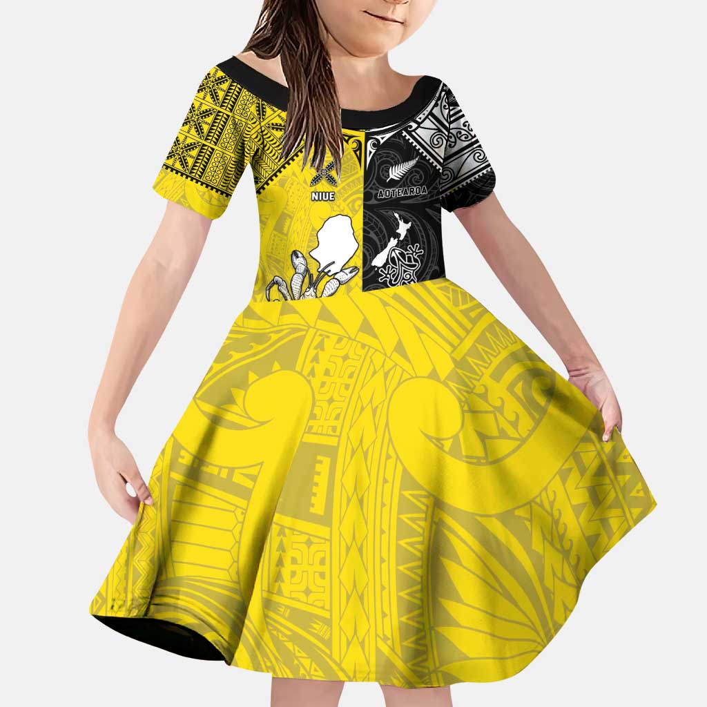 Custom New Zealand Maori And Niue Hiapo Family Matching Puletasi and Hawaiian Shirt Lizard And Coconut Crab Together LT05 Daughter's Dress Yellow - Polynesian Pride