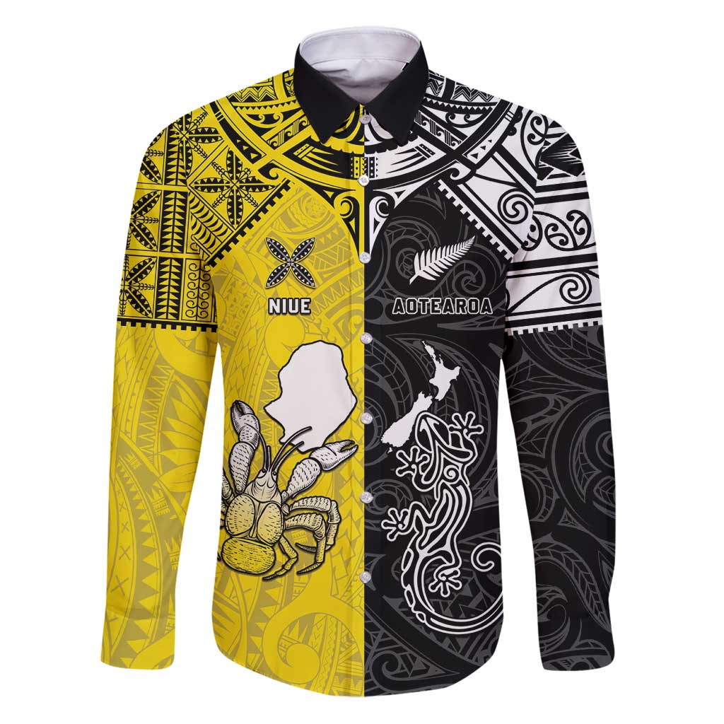 Custom New Zealand Maori And Niue Hiapo Family Matching Puletasi and Hawaiian Shirt Lizard And Coconut Crab Together LT05 Dad's Shirt - Long Sleeve Yellow - Polynesian Pride