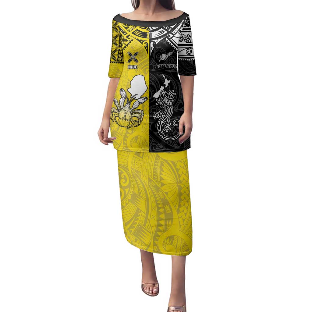 Custom New Zealand Maori And Niue Hiapo Family Matching Puletasi and Hawaiian Shirt Lizard And Coconut Crab Together LT05 Mom's Dress Yellow - Polynesian Pride
