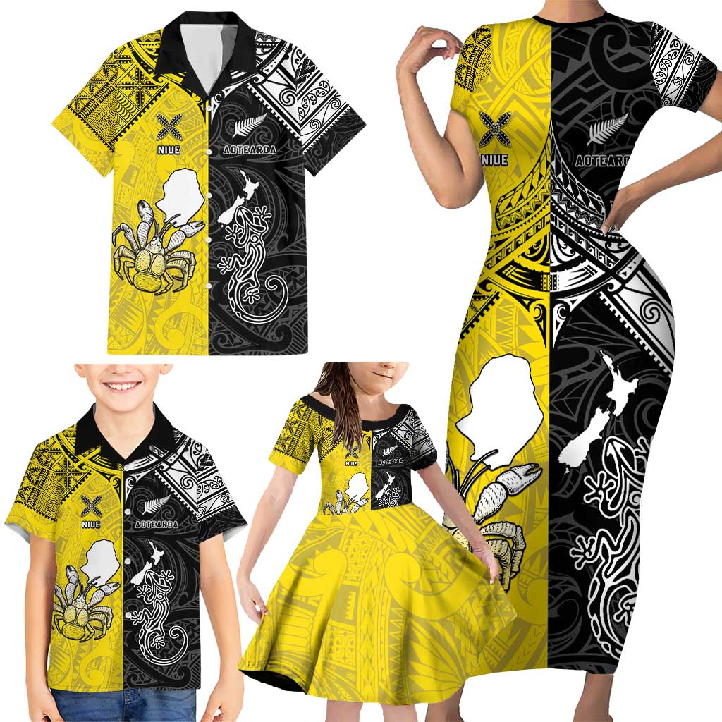 Custom New Zealand Maori And Niue Hiapo Family Matching Short Sleeve Bodycon Dress and Hawaiian Shirt Lizard And Coconut Crab Together LT05 - Polynesian Pride