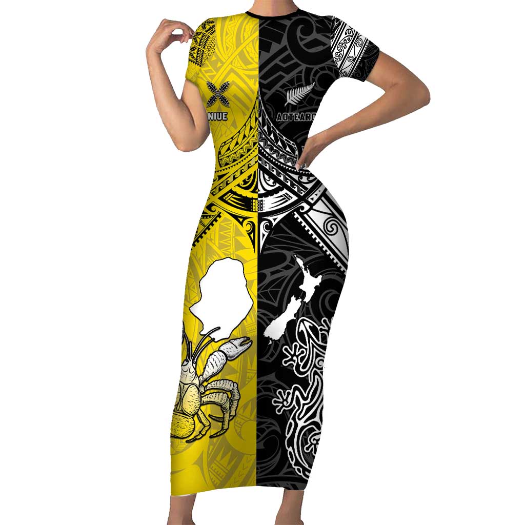 Custom New Zealand Maori And Niue Hiapo Family Matching Short Sleeve Bodycon Dress and Hawaiian Shirt Lizard And Coconut Crab Together LT05 Mom's Dress Yellow - Polynesian Pride