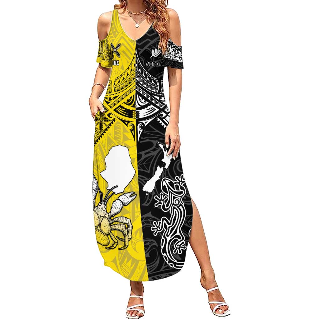 Custom New Zealand Maori And Niue Hiapo Family Matching Summer Maxi Dress and Hawaiian Shirt Lizard And Coconut Crab Together LT05 Mom's Dress Yellow - Polynesian Pride
