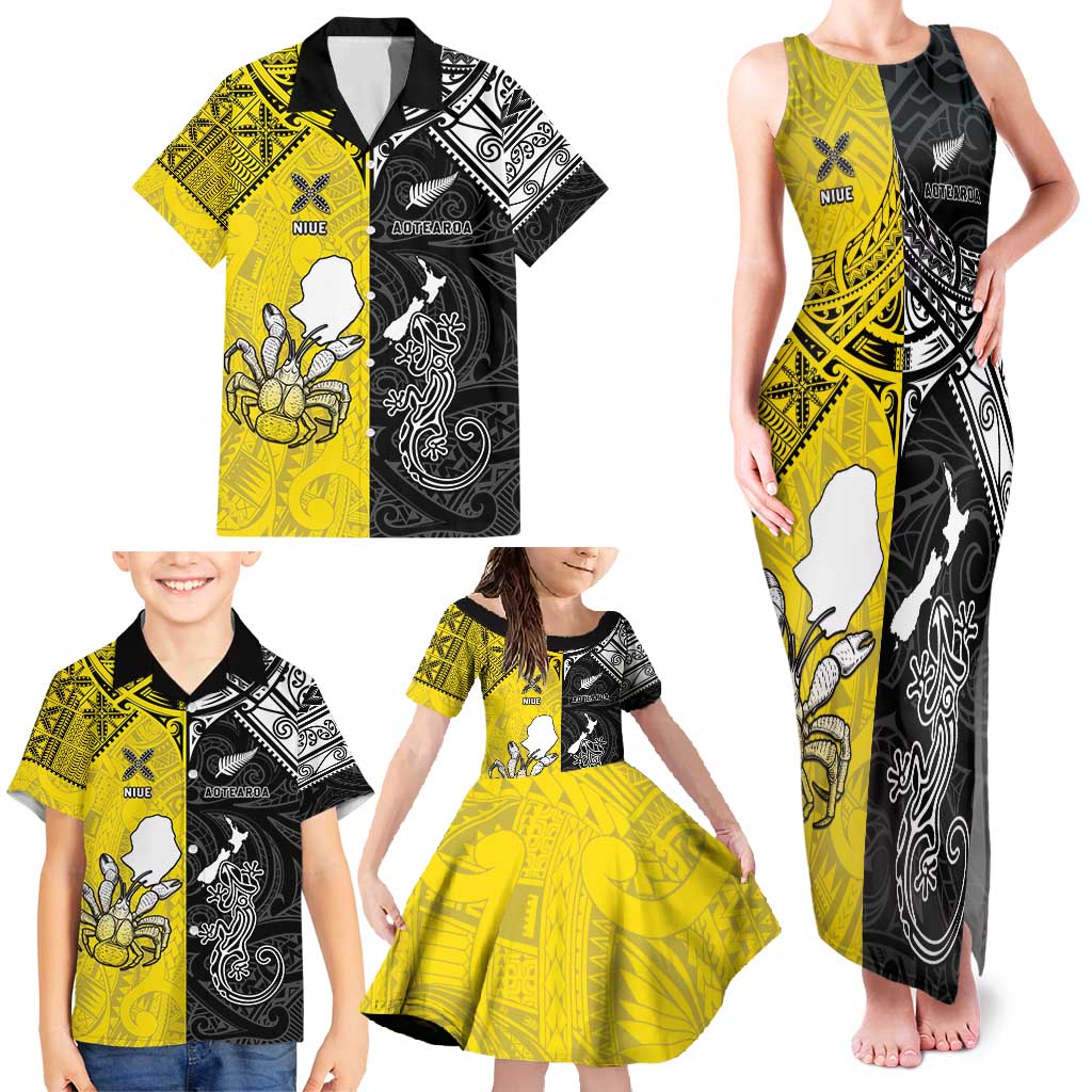 Custom New Zealand Maori And Niue Hiapo Family Matching Tank Maxi Dress and Hawaiian Shirt Lizard And Coconut Crab Together LT05 - Polynesian Pride